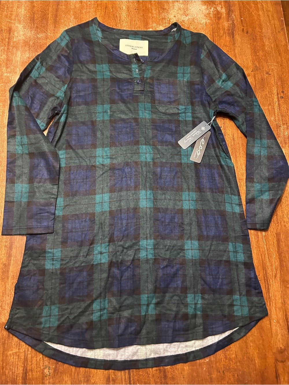Fisher’s Finery NWT Grannycore Cottagecore Navy & Green Plaid Flannel Nightgown
